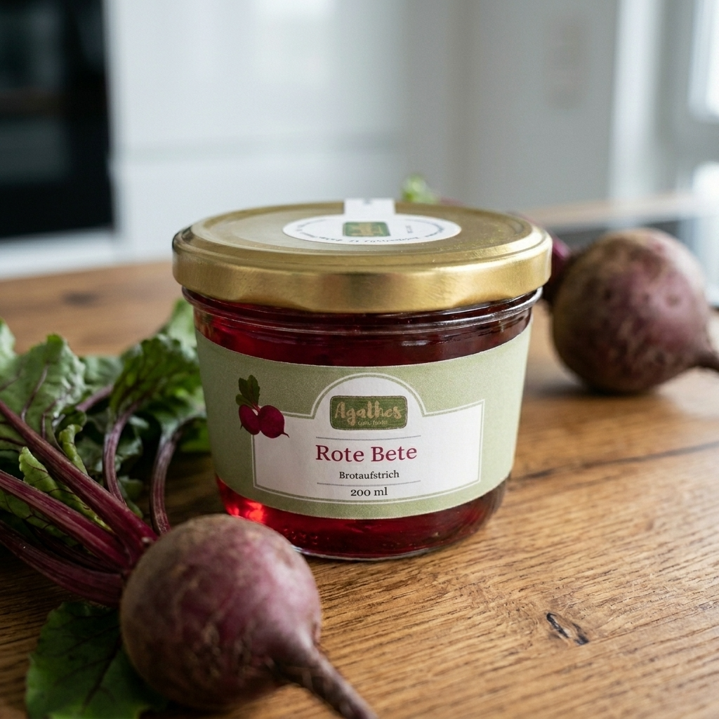 Rote Bete Brotaufstrich im Glas auf einer holzernen Arbeitsfläche mit einer Rote Bete Knolle im Bild