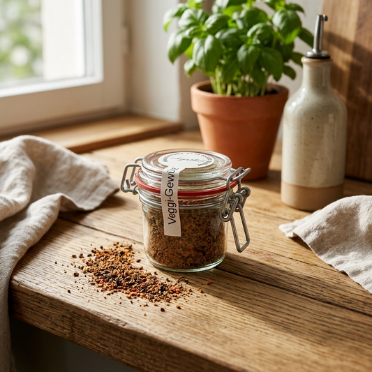 Veggie Gewürz im Glas auf einer holzernen Küchenfläche, im Hingtergrund ein Basilikumstrauch, Handtücher und Gewürz liegt lose auf der Platte