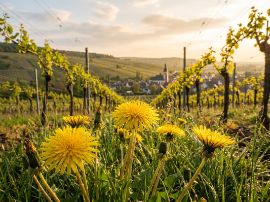 Blühender Löwenzahn in den Weinbergen
