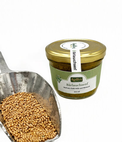 Bärlauchsenf im 200 ml Glas mit Senfkörnern als Dekoration