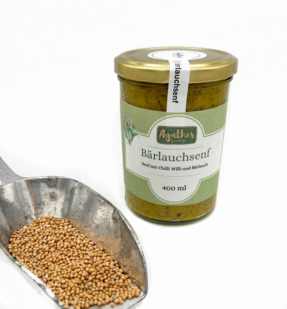 Bärlauchsenf im 400 ml Glas mit Senfkörnern als Dekoration