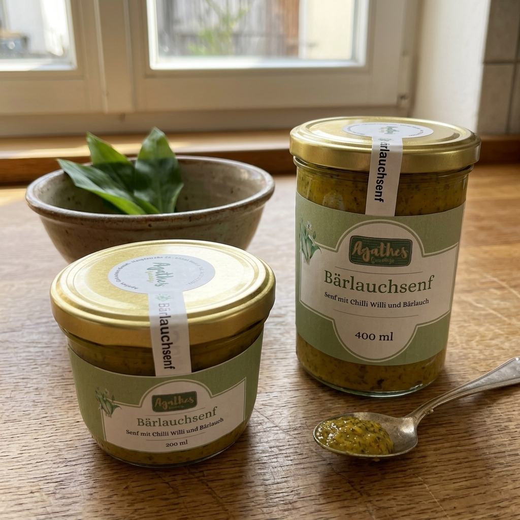 Zwei Bärlauchsenfgläser auf einer holzernen Arbeitsfläche, mit einem Löffel und frischer Bärlauch in einer Schüssel