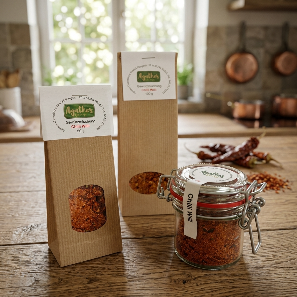 Chilli Willi Gewürz in drei Varianten auf einer holzernen Küchenfläche, im HIntergrund liegen Chilis 
