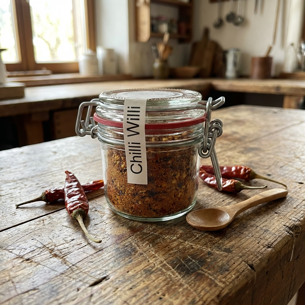 Chilli Willi Glas auf einer holzernen Arbeitsfläche mit Chili Schoten abgebildet