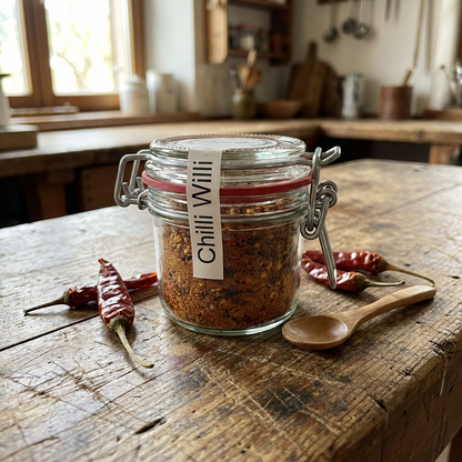 Chilli Willi Glas auf einer holzernen Arbeitsfläche mit Chili Schoten abgebildet