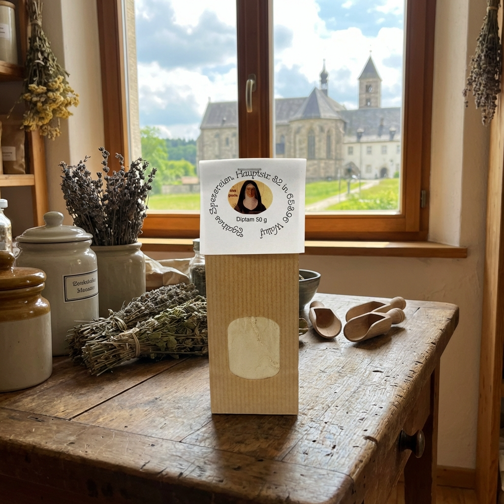 Diptam Tüte auf einem Holztisch, im Hintergrund ein Kloster