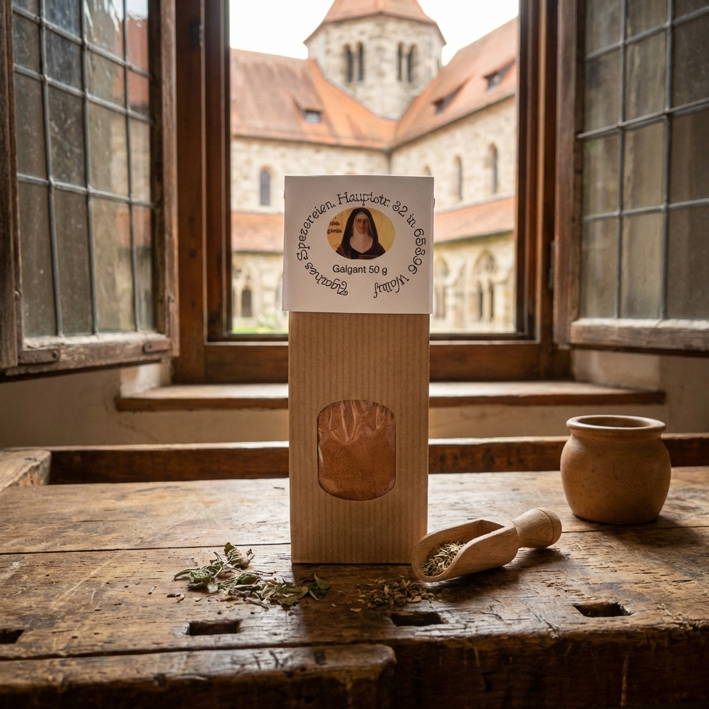 Galgant Tüte vor einem Fenster, im Hintergrund ein Kloster