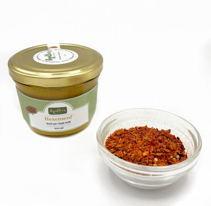 Senf im 200 ml Glas mit Chilli Willi als Dekoration
