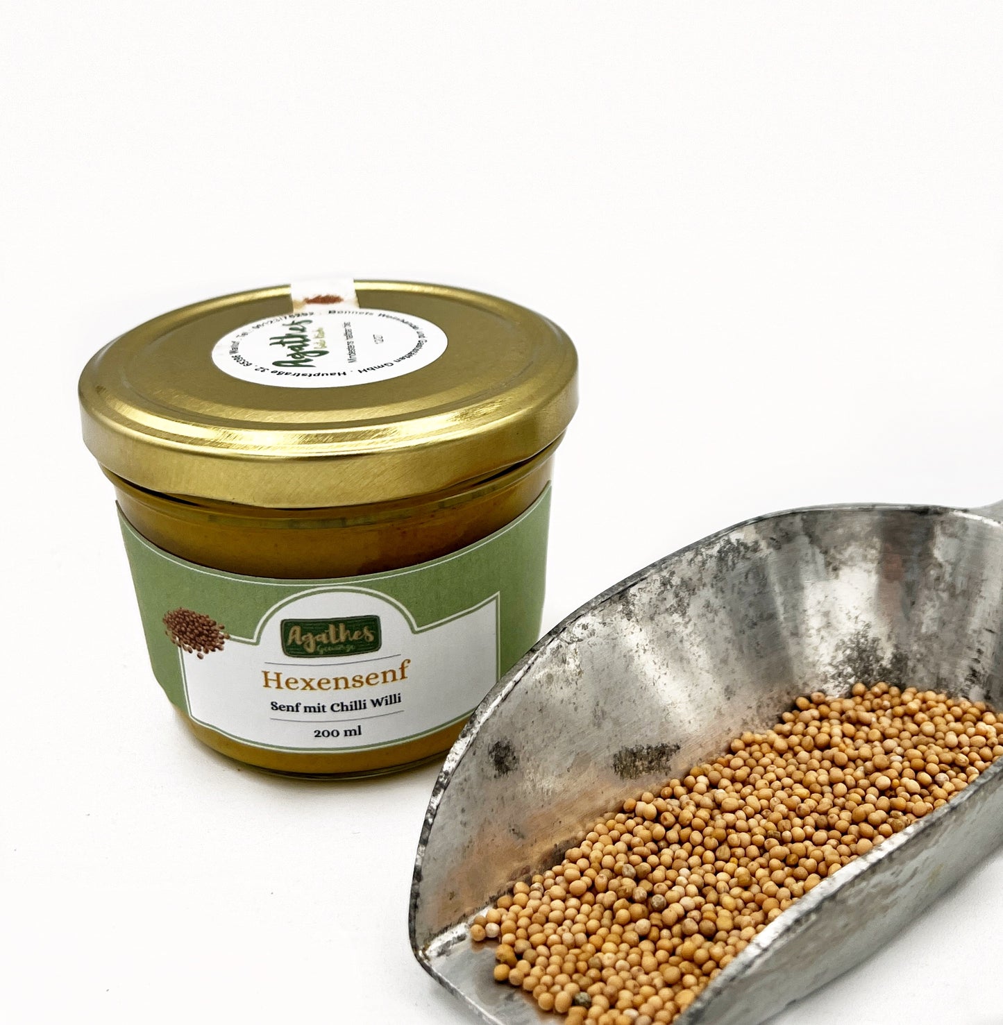 Senf im 200 ml Glas mit Senfkörnern als Dekoration
