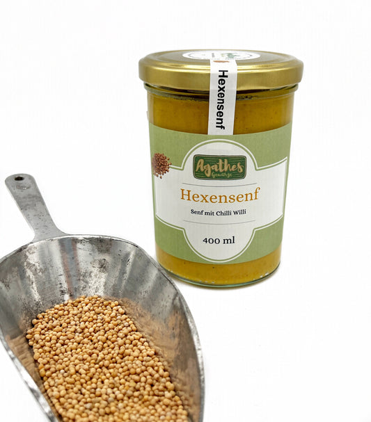 Senf 400 ml im Glas mit Senfkörnern als Dekoration