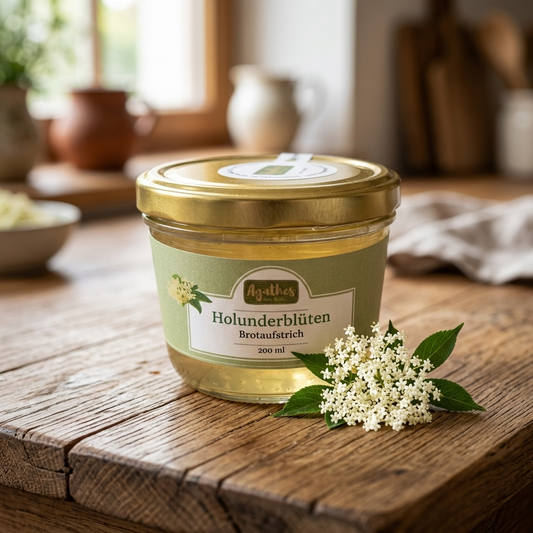 Holunderblütenbrotaufstrich im 200 ml Glas auf einer holzernen Arbeitsfläche, daneben eine Holunderblüte