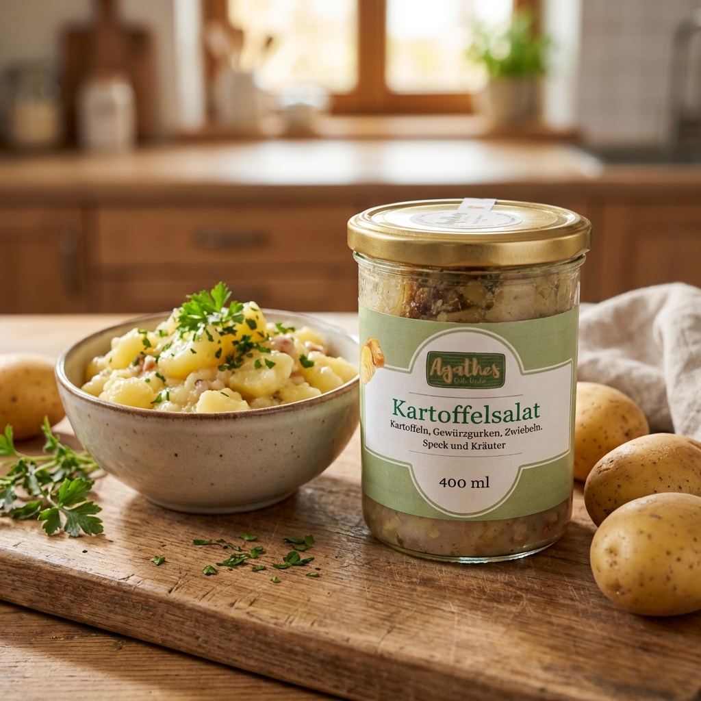 Kartoffelsalat im Glas und eine Schüssel gefüllt mit Kartoffelsalat auf einer holzernen Arbeitsfläche