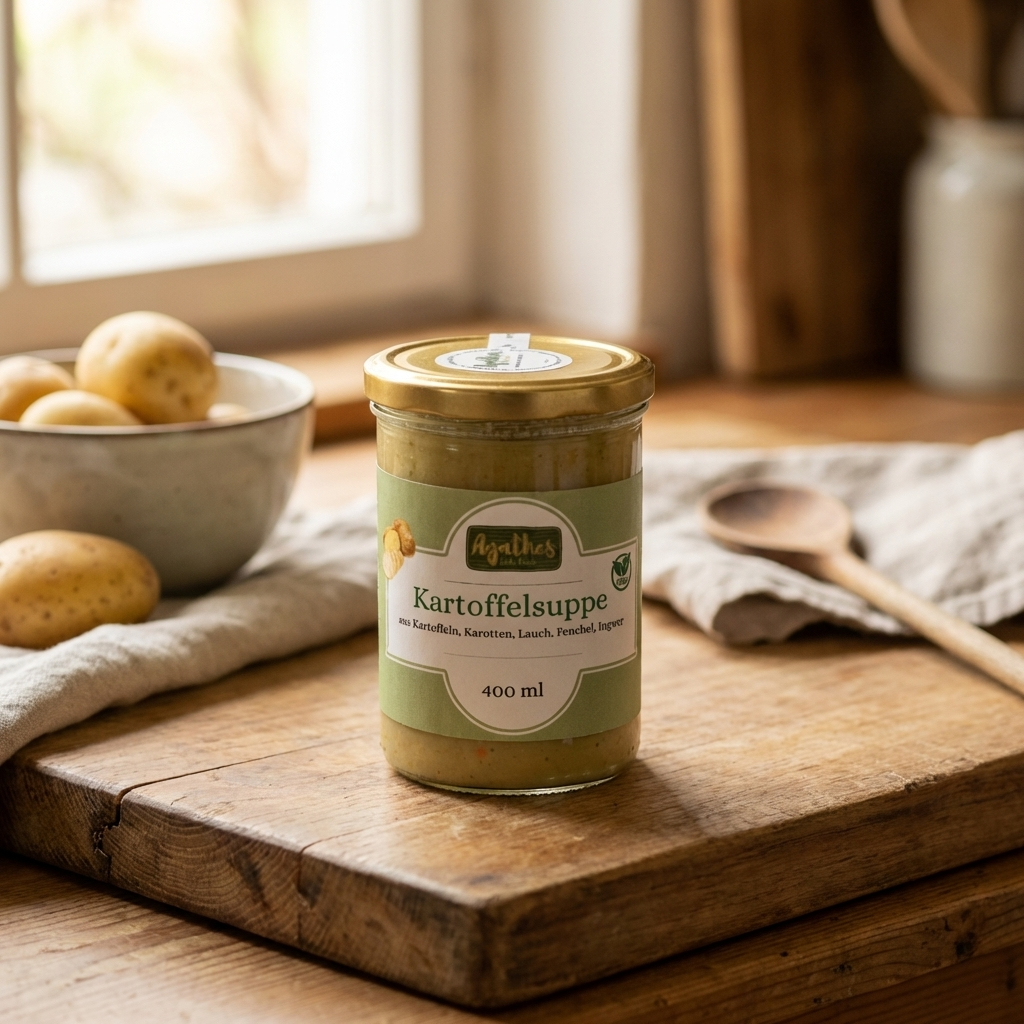 Kartoffelsuppe im Glas auf einer holzernen Arbeitsfläche in der Küche