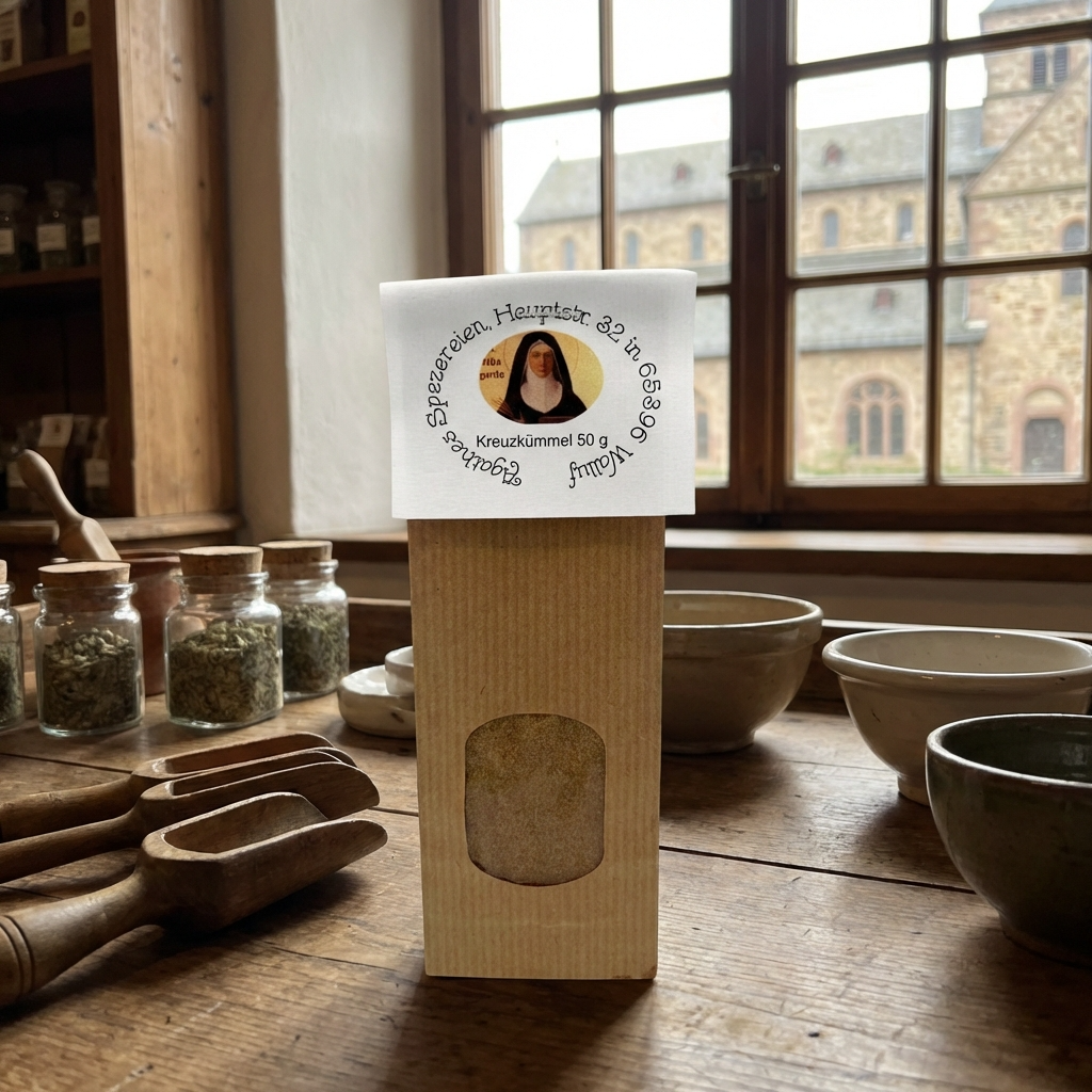 Krezkümmel Tüte in der Küche mit anderen Gewürzen vor einem Fenster