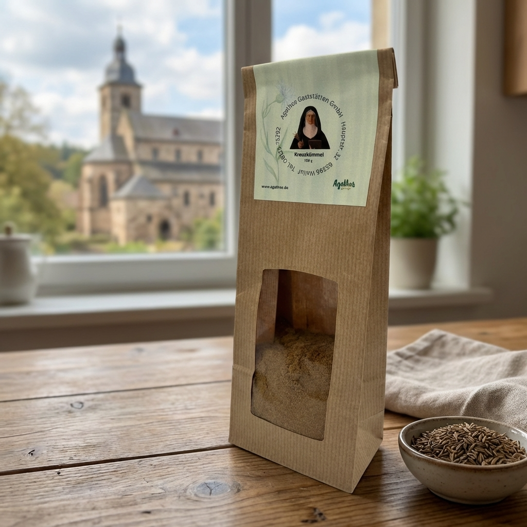 Kreuzkümmel Tüte 100 g in einer Küche auf einer holzernen Küchenfläche
