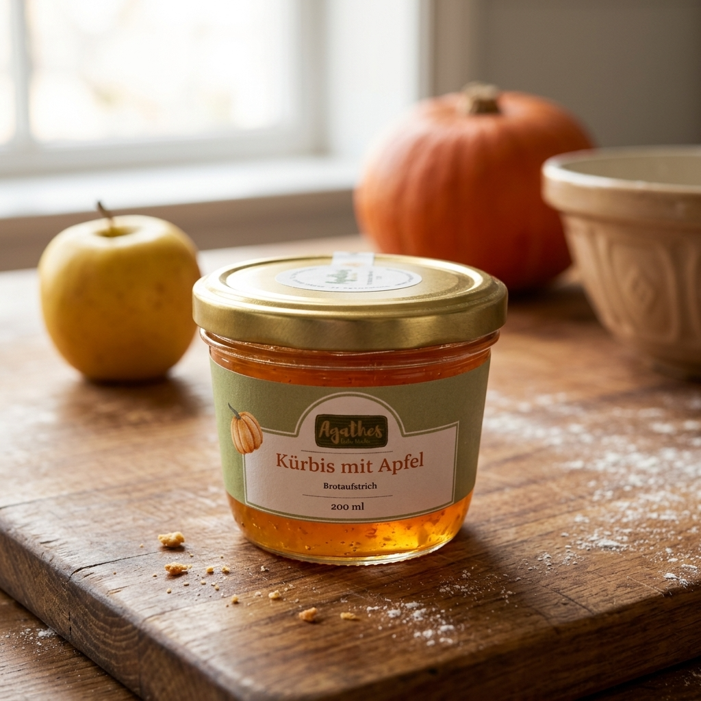 Glas Kürbis-Apfel Brotaufstrich auf einer holzernen Küchenfläche, im Hintergrund dezent ein Apfel und ein Kürbis, Krümel und Puderzucker liegen auch auf dem Tisch