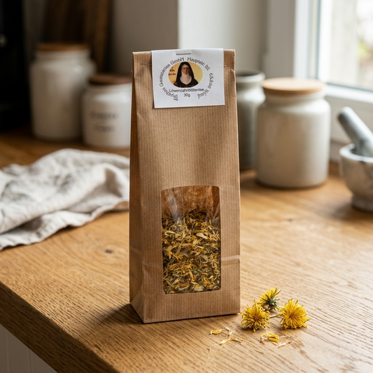 Löwenzahnblüten Tee auf einer holzernen Küchenfläche, im Hintergrund stehen Dosen, und es liegen getrocknete Löwenzahnblüten neben dem Produkt