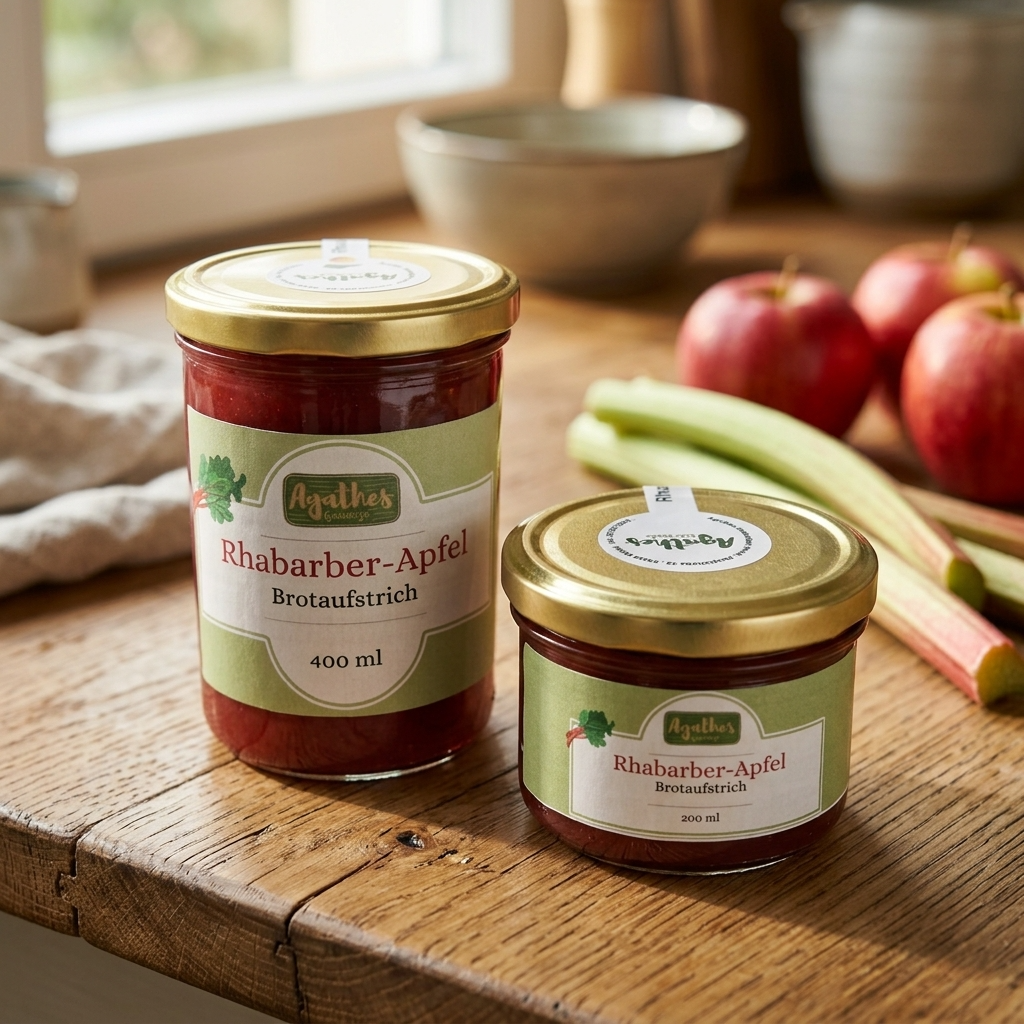 Rhabarber-Apfel Aufstrich 2 Gläser auf einer holzernen Küchenfläche, Obst liegt dezent im Hintergrund