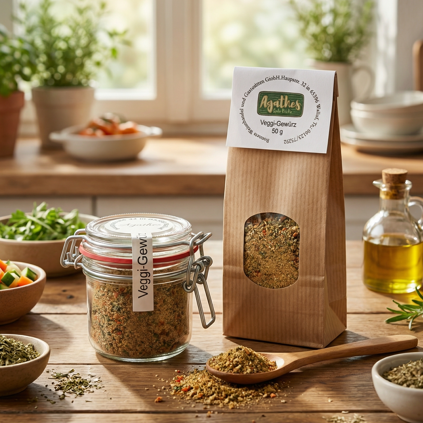 Veggie Gewürze im Glas und in der Tüte in einer Küche mit Gemüse und Öl im Hintergrund, ein Löffel beiliegend