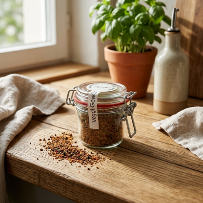 Veggie Gewürz im Glas auf einer holzernen Küchenfläche, im Hingtergrund ein Basilikumstrauch, Handtücher und Gewürz liegt lose auf der Platte