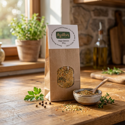 Veggie Gewürz im Tütchen in einer Küche auf einer holzernen Fläche, es liegen Kräuter auf dem Tisch