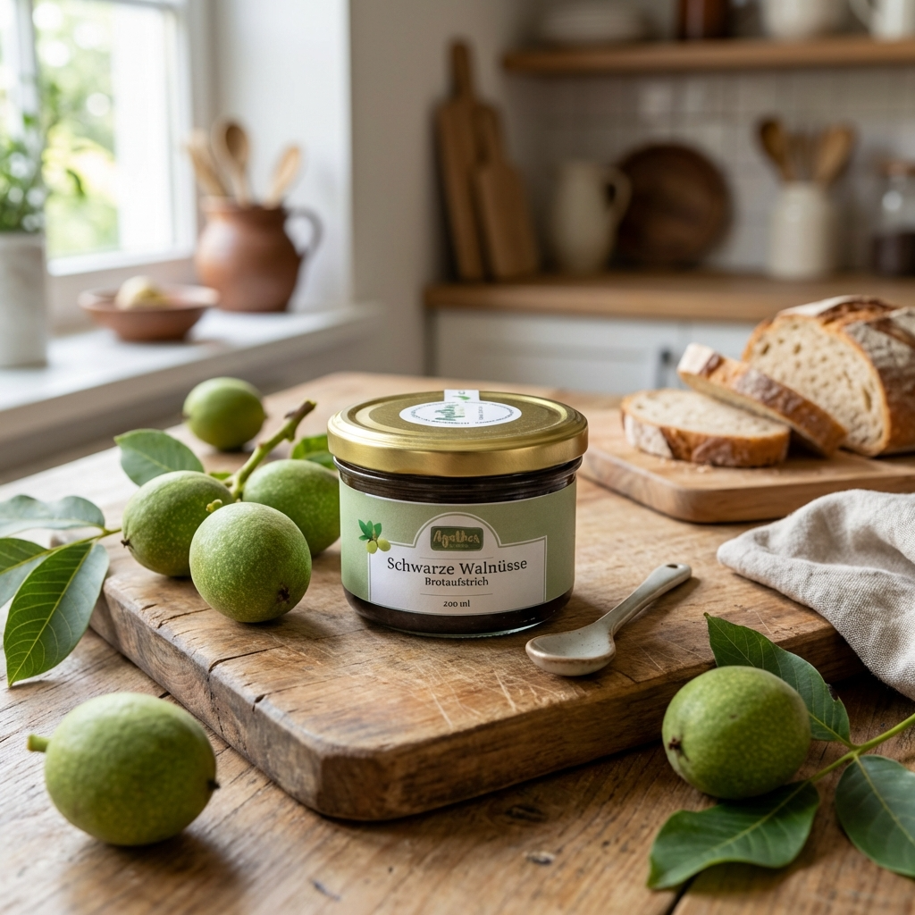schwarze Walnuss Brotaufstrich 200 ml auf einer holzernen Arbeitsfläche mit Brot 