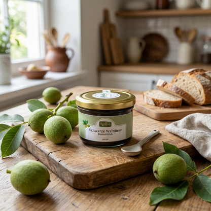 schwarze Walnuss Brotaufstrich 200 ml auf einer holzernen Arbeitsfläche mit Brot 