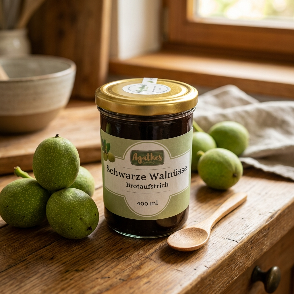 schwarze Walnuss Brotaufstrich 400 ml auf einer holzernen Arbeitsfläche 