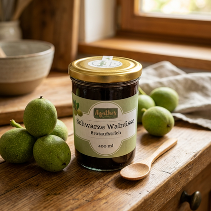 schwarze Walnuss Brotaufstrich 400 ml auf einer holzernen Arbeitsfläche 