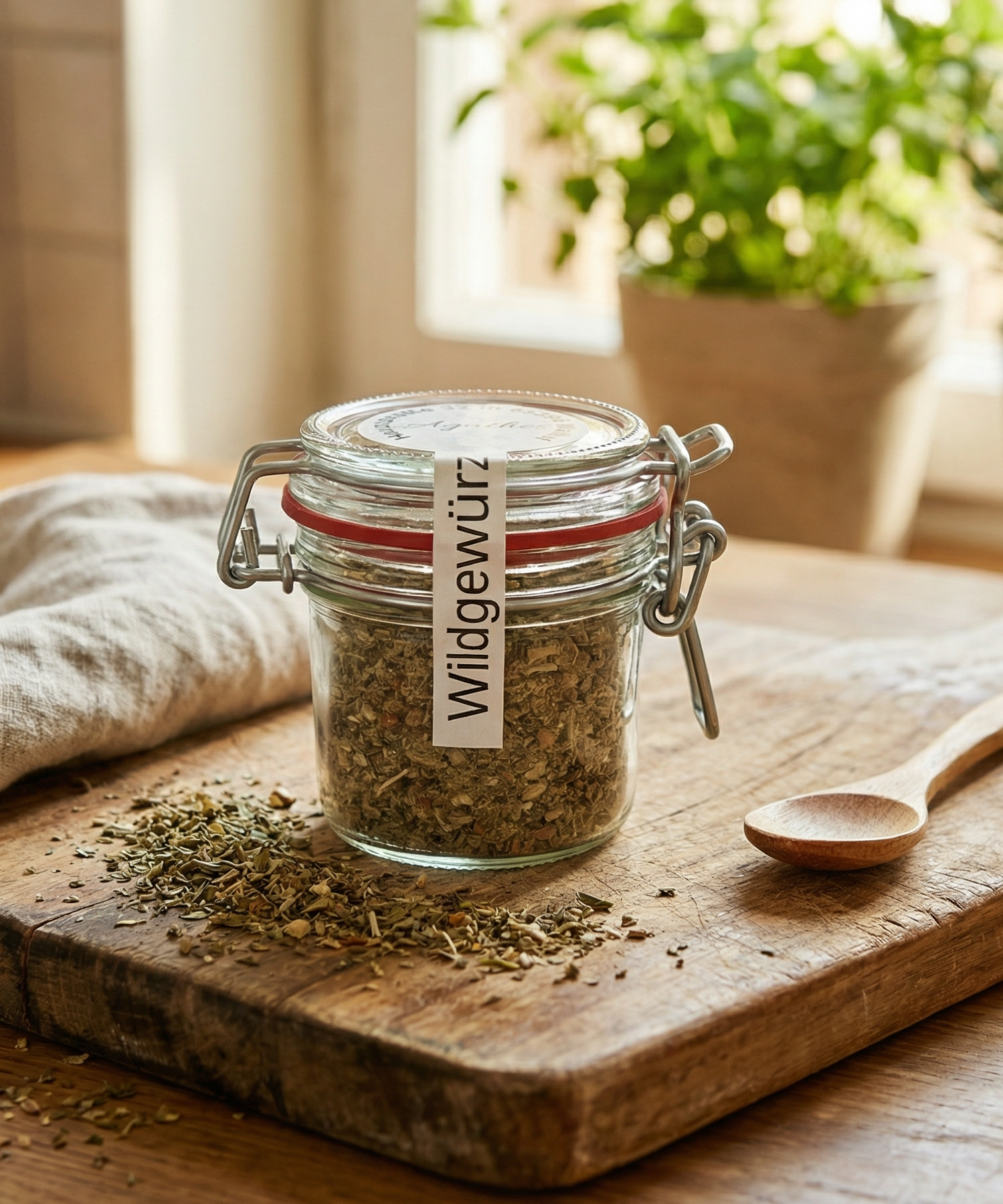 Wildgewürz im Glas in der Küche auf einem Holzbrett