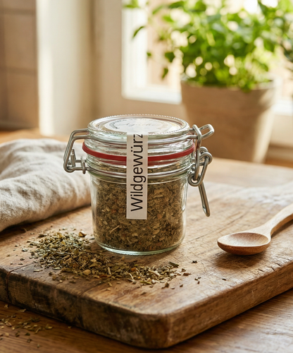 Wildgewürz im Glas in der Küche auf einem Holzbrett