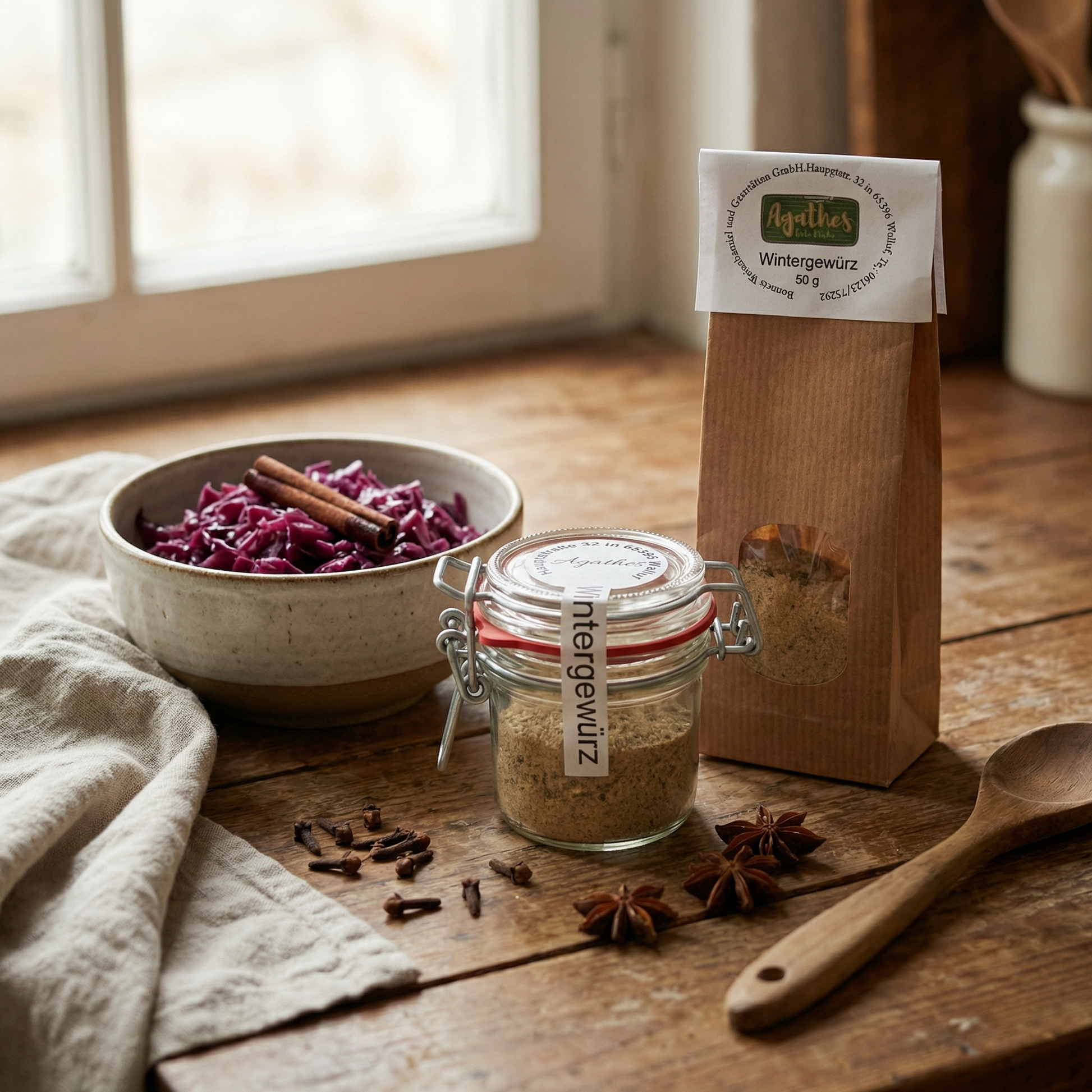Agathes Wintergewürz im Glas und in der Tüte auf einber holzernen Arbeitsfläche mit Nelken und Sternanis nd einer Schüssel Rotkohl