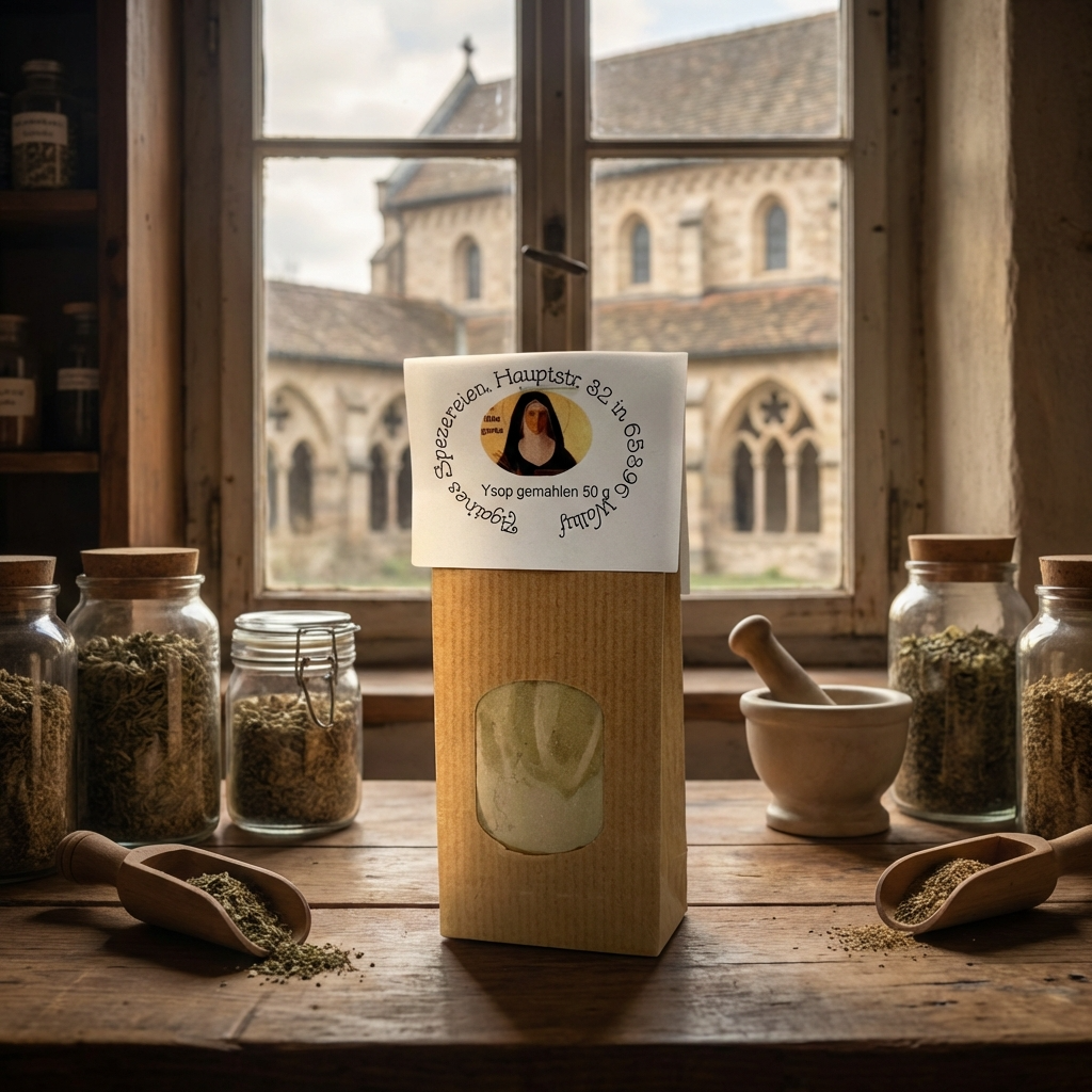Ysop Gewürz in der Küche, im Hintergrund ein Kloster 