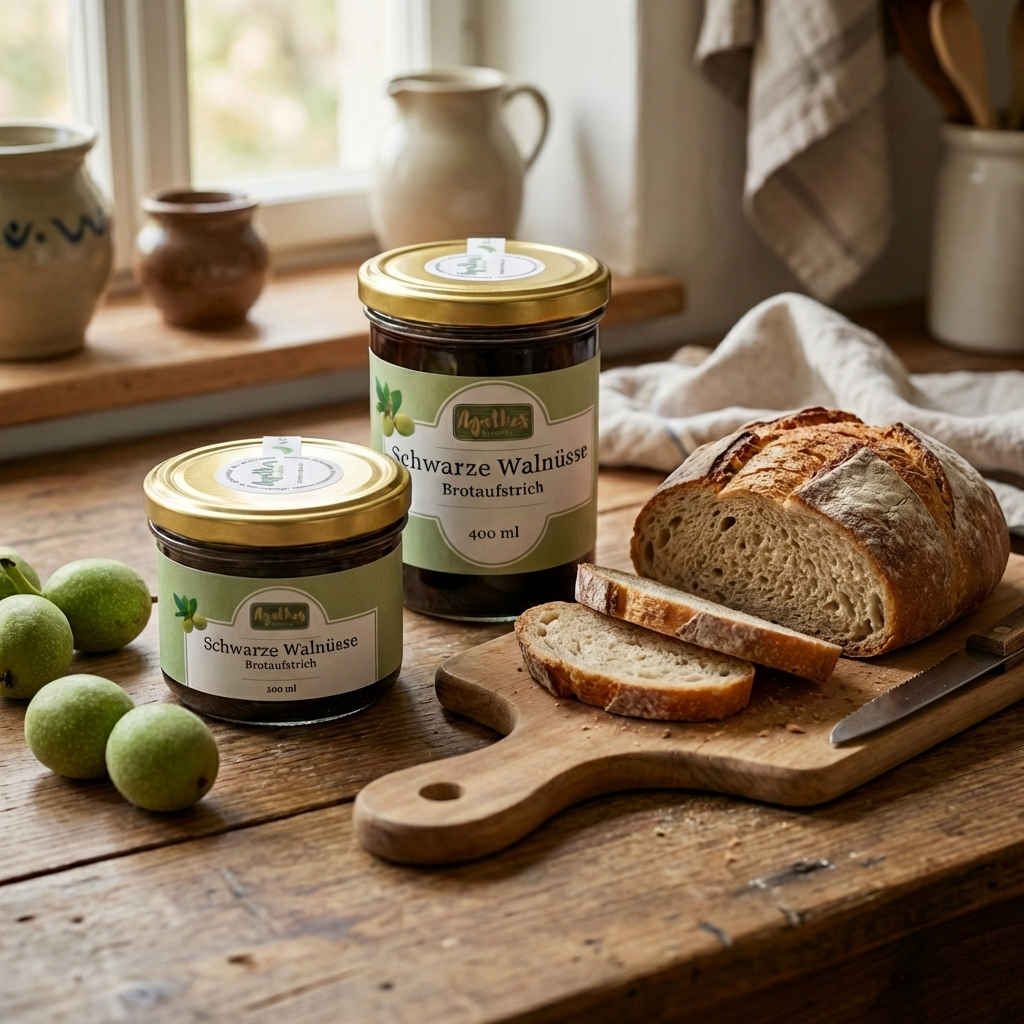 schwarze Walnuss Brotaufstrich 200 und 400 ml auf einer holzernen Arbeitsfläche mit Brot 